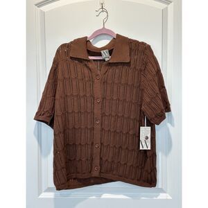 NWT Worthington Open Knit Button Down Crochet Top Brown Size XL